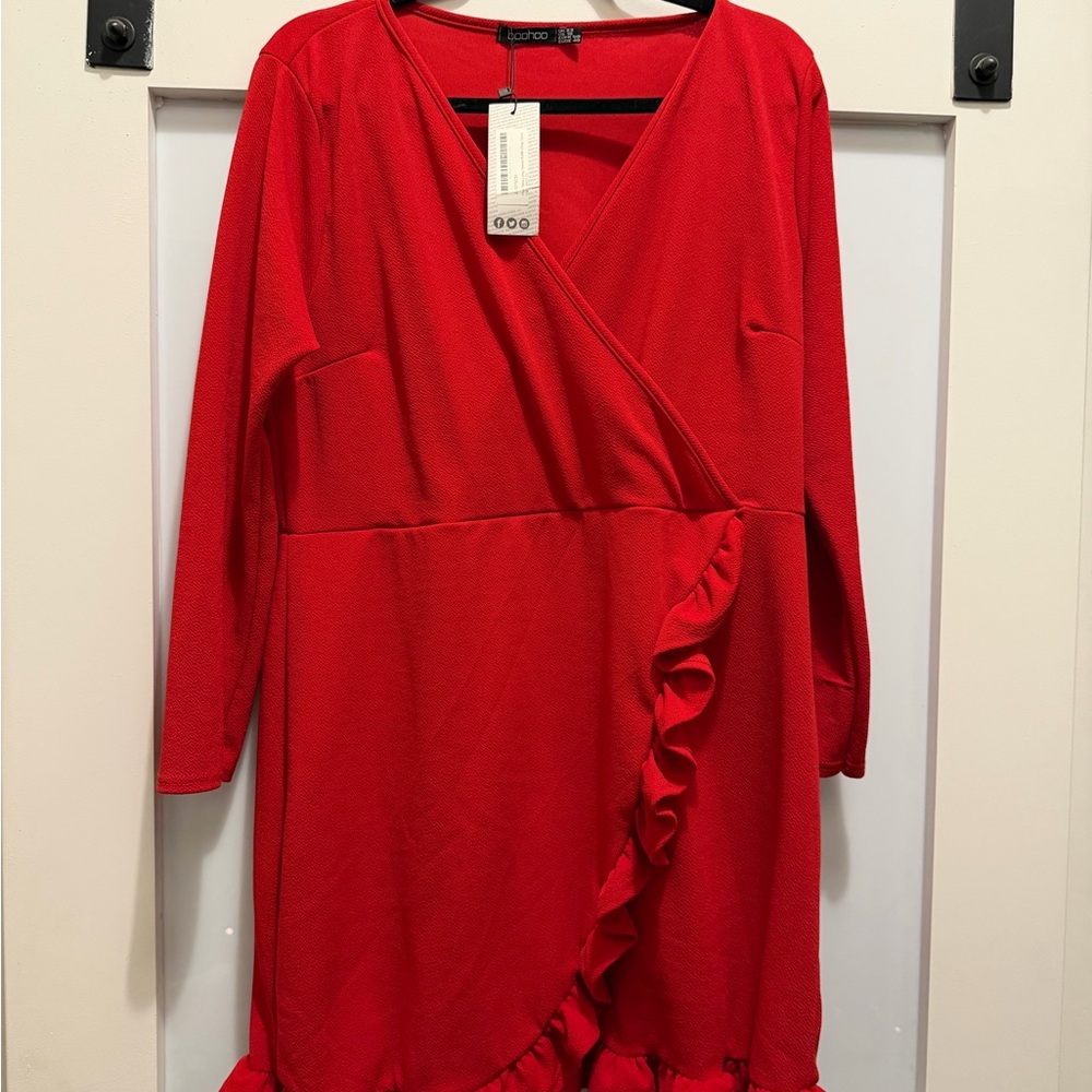 Boohoo Red Ruffle Wrap Dress sz 18